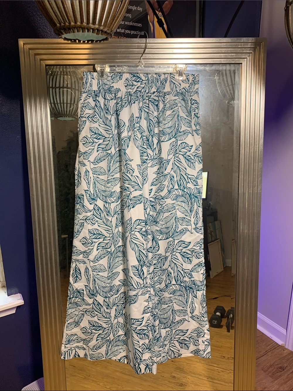 SHEIN White Wide-Leg Pants with Teal Leaf Print